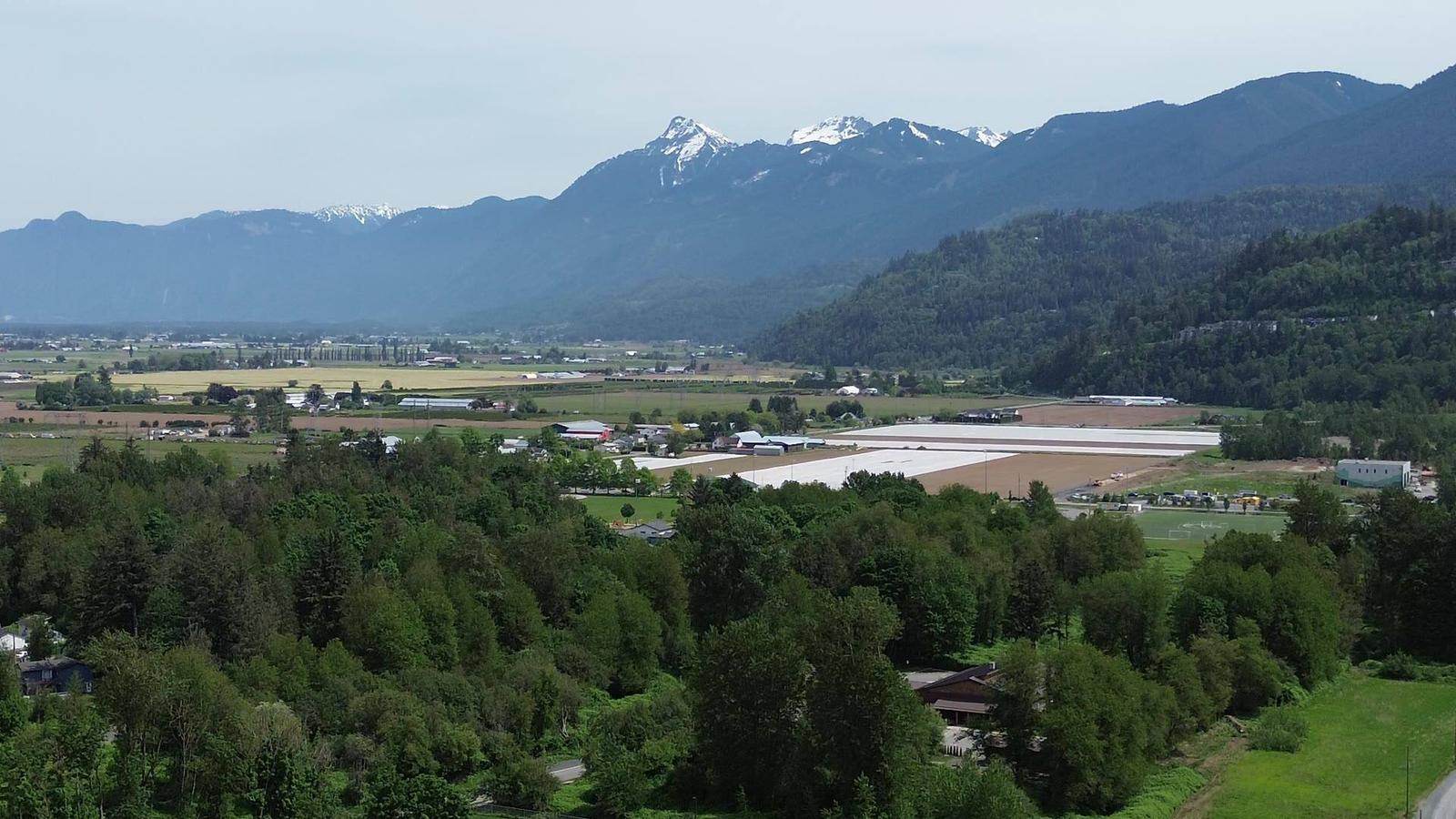 Aerial view over Chilliwack toward Mount Cheam and the Fraser Valley