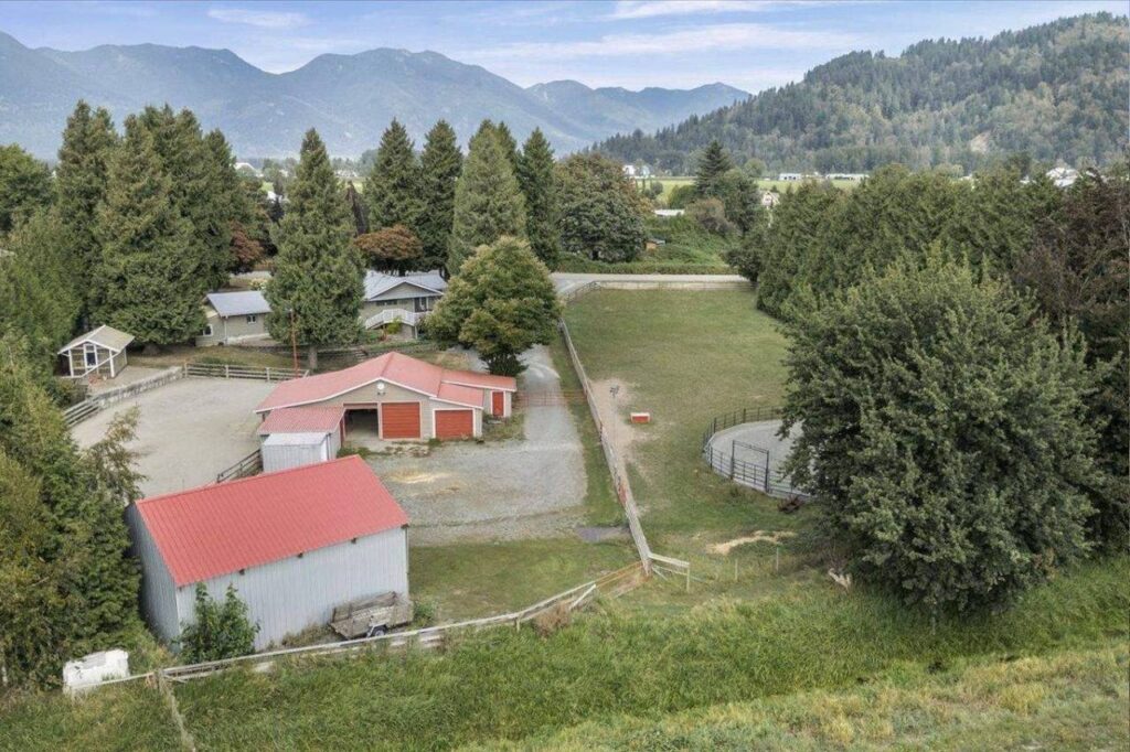 Aerial of the barn, workshop, pasture and round pen at 42420 Adams Road
