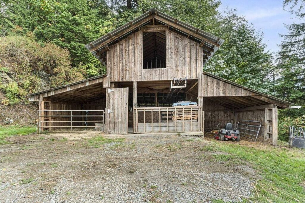 Timber frame cow barn in the upper pasture at 48625 Wincott Road