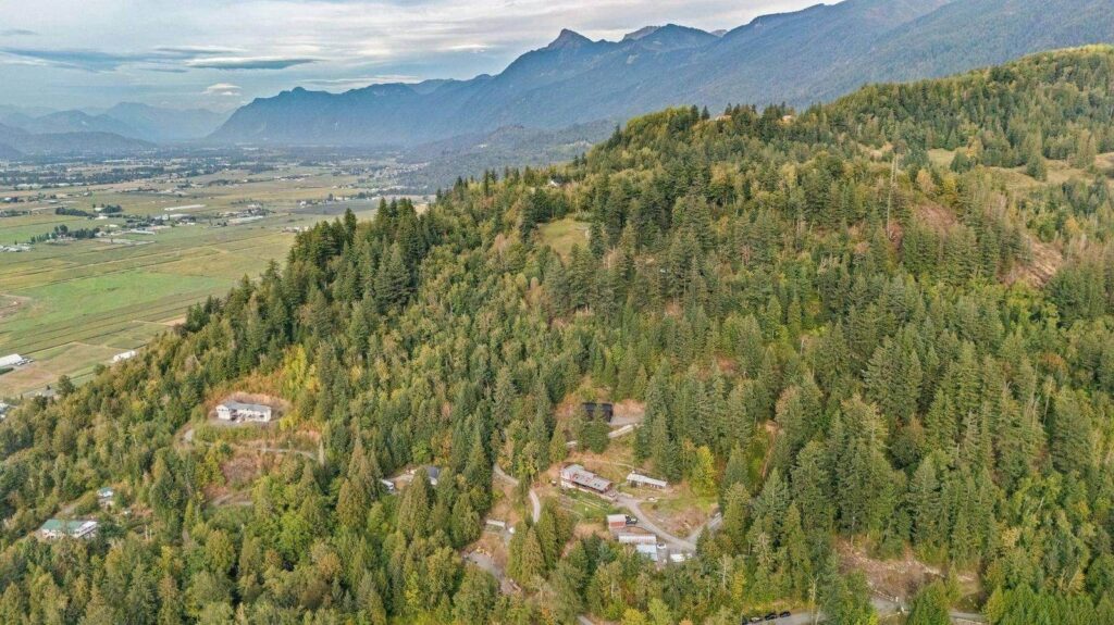 Aerial view of a ten acre Ryder Lake acreage above the Fraser Valley
